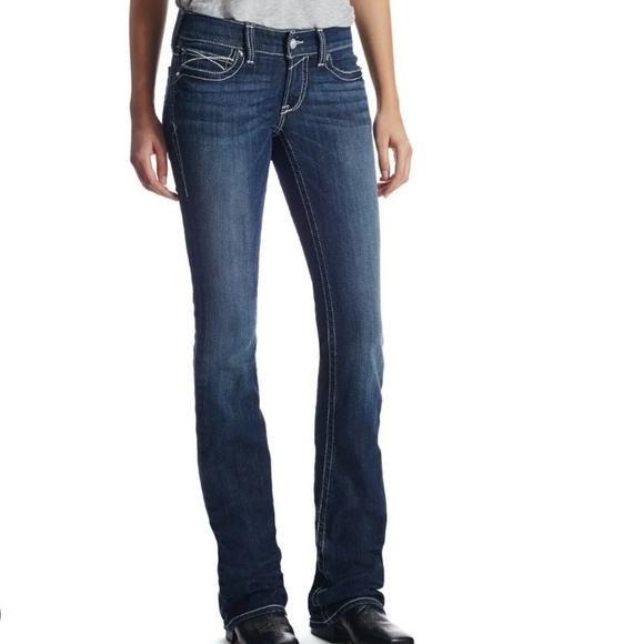 ARIAT REAL Women’s Blue Low Rise Boot Cut Denim Jeans Size 28S Lakeshore - Picture 1 of 16